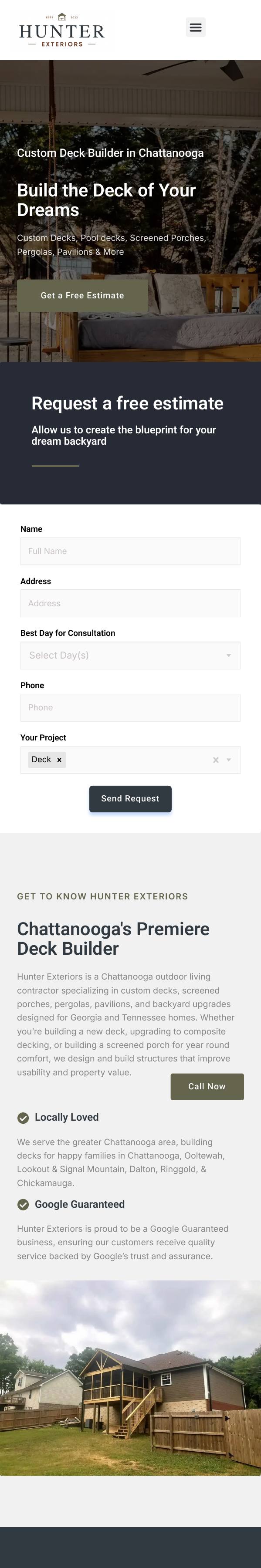 Screenshot of the Hunter Exteriors website